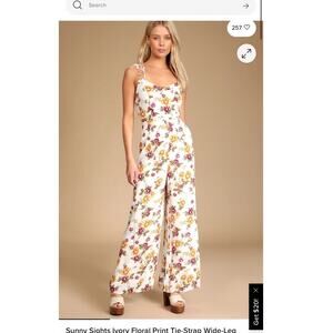 LULUS Sunny Sights Ivory Floral Print Tie-Strap Wide-Leg Jumpsuit XL